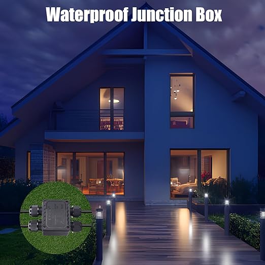 Waterproof Junction Box, 4 Way Underground Electrical Enclosure with Terminal Block, Plastic Connector Box for LED Landscape Lighting, Garden Lights