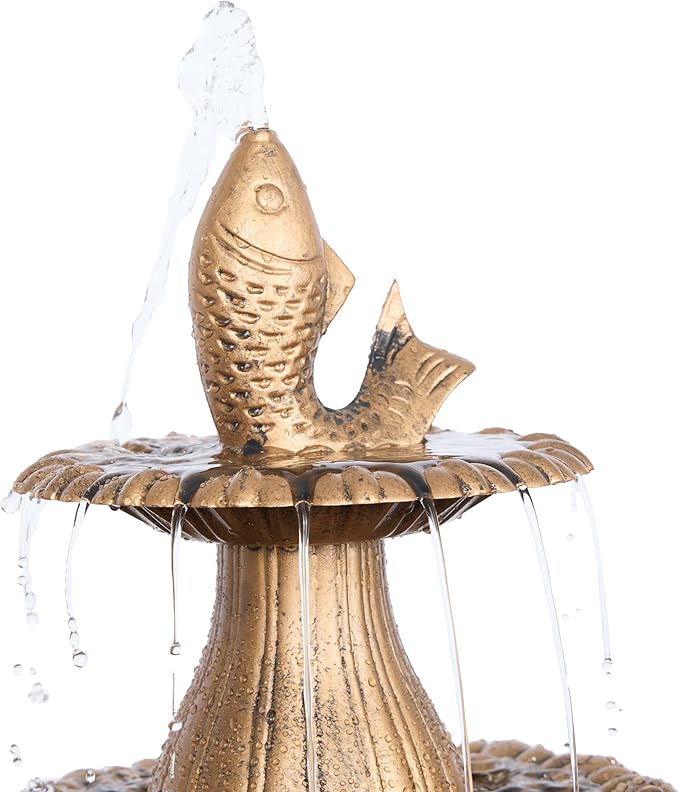 Alpine Corporation 40" Tiered Pedestal Fish Fountain Birdbath, Cascading Outdoor Water Feature for Garden, and Backyard Décor, Gold