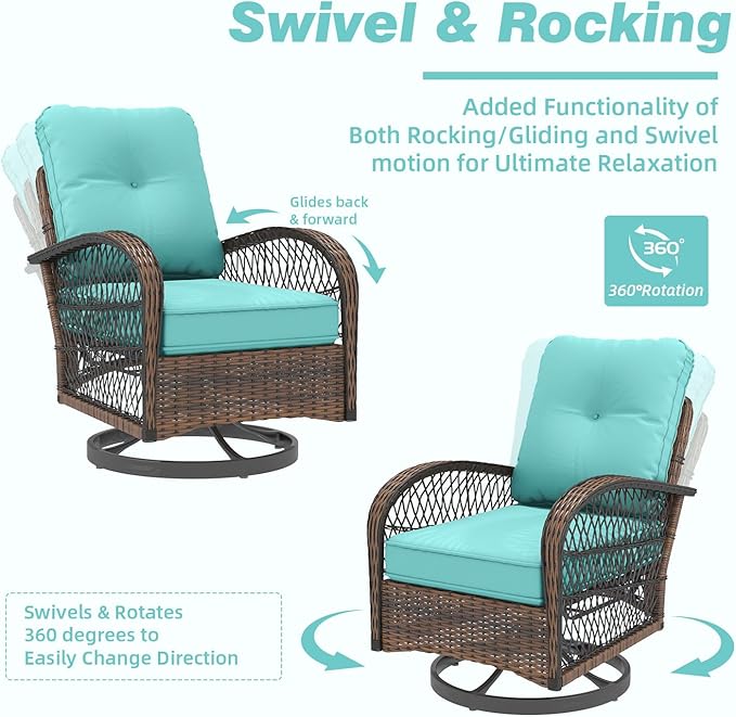 MELLCOM 3 Pieces Patio Furniture Set, Outdoor Swivel Rocker Patio Chairs, Wicker Patio Bistro Set with Rocking Chair, Thickened Cushions and Glass Coffee Table for Backyard, Garden, Blue
