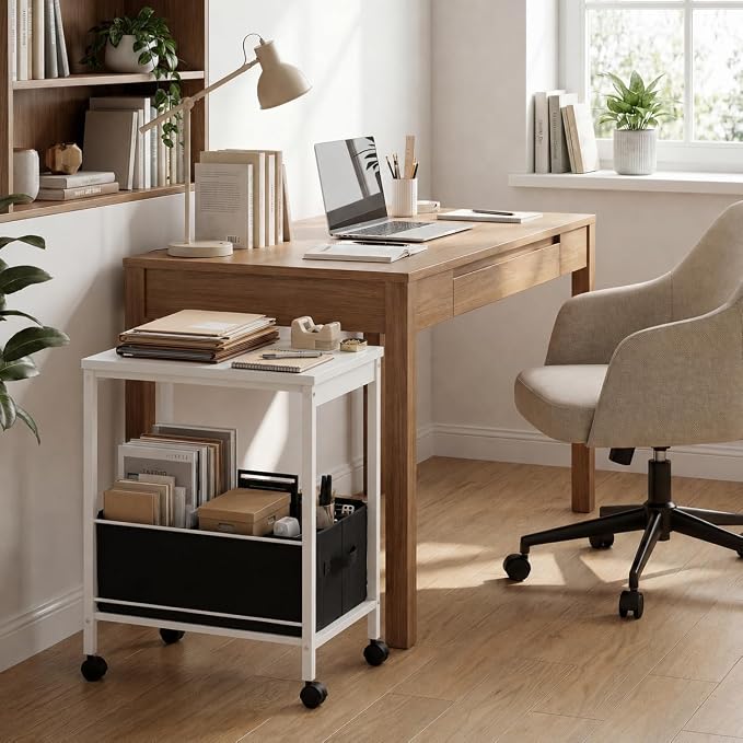 White Rolling Side Table with Storage Basket, Narrow End Table on Wheels for Small Spaces, 15.75" D x 9.84" W x 22.05" H Sofa Side Table with Fabric Bin for Living Room and Bedroom