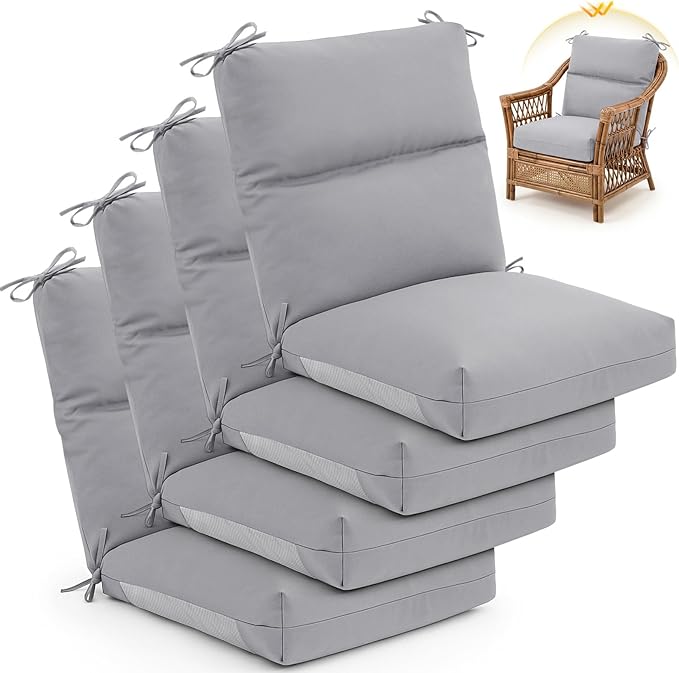 Geelin 4 Pack Outdoor/Indoor High-Back Chair Cushions 44×21 in, Stuffed Tufted Replacement Patio Chair Cushions with Ties Weather Resistant Pads for Patio Furniture (Light Gray)
