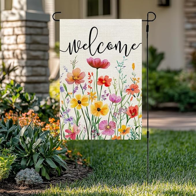 CROWNED BEAUTY Spring Garden Flag Wildflowers Floral Double Sided 12x18 Inches Small Burlap Welcome Holiday Seasonal Yard Decoration for Outside Porch CF1761-12