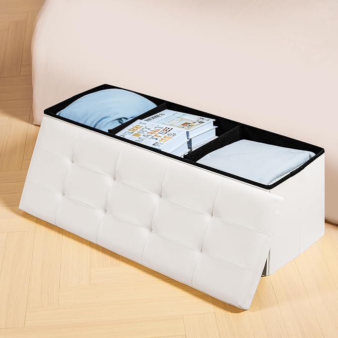 PINPLUS Folding Storage Ottoman Bench with Tray, Beige Faux Leather | Ottoman Storage Chest with Removable Tray, Footrest and Coffee Table Use for Living Room, Bedroom and Entryway
