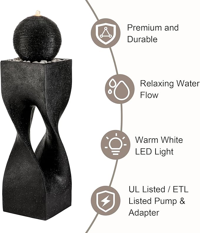 Glitzhome Outdoor Water Fountain, 40.5" H Polyresin Outdoor Fountain with Pebbles, Pump and LED Light, Modern Geometric Pedestal and Sphere Garden Fountain Waterfall for Patio, Backyard, Porch, Deck