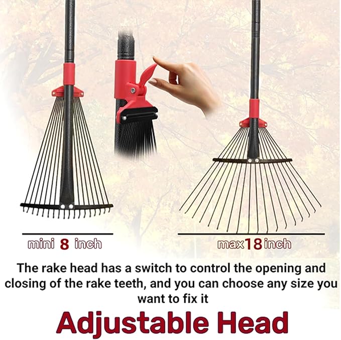 91Inch Adjustable Metal Leaf Rake, 18 Metal Tines Heavy Duty Leaves Rake for Lawns with 8-18" Expandable Head Long Handle Garden Rakes for Women Kids Leaves Yard Gardening Grass Outdoor Camping Debris