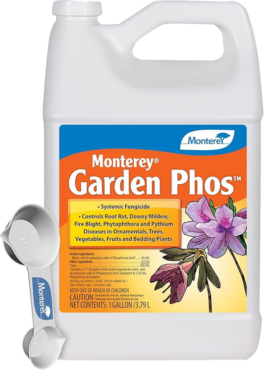 Monterey Garden Phos Bundled with Measuring Spoon - Fungicide for Root Rot, Downy Mildew, Fire Blight, Sudden Oak Death, Phytopthora & Pythium, 1 Gallon