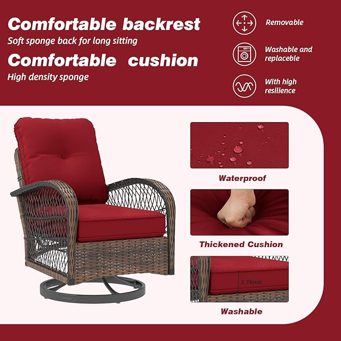 MELLCOM 3 Pieces Patio Furniture Set, Outdoor Swivel Rocker Patio Chairs, Wicker Patio Bistro Set with Rocking Chair, Thickened Cushions and Glass Coffee Table for Backyard, Garden, Wine Red
