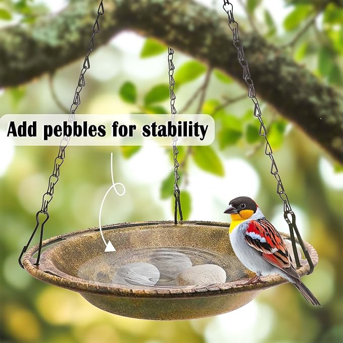 Hanging Bird Bath & Feeder Bowl, 12 in Outdoor Bird Bath with Chains, Backyard Garden Decor, Durable Weather-Resistant PP, Antique Copper Finish – 1 Pack