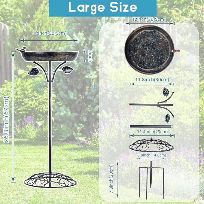 DREAMSOUL 12" Dia Bird Bath Antique Metal Bird Bath for Outside, Pedestal Birdbath with 4 Prongs Stake for Garden Yard Patio Decor