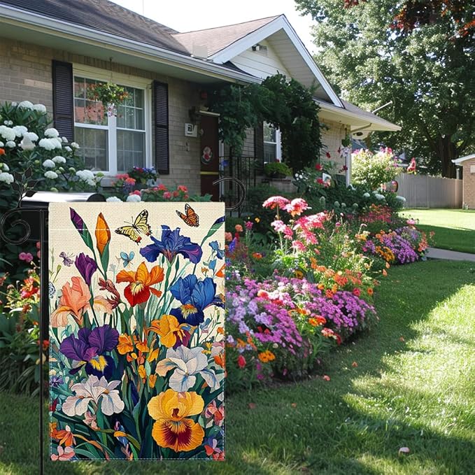 Iris Garden Flag 12x18 Double Sided, Spring Floral Welcome Yard Decor, Farmhouse Outdoor Flag for Lawn Patio Porch
