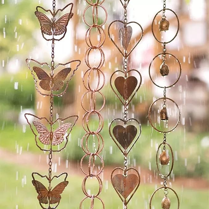 Hanging Rain Chains, Creative Kettle/Heart/Butterfly/Ring/Bell Style Link Rain Chain with Metal Chains for for Office Window Stone Wall Decorative Wall Art Ornaments (Butterfly Style)