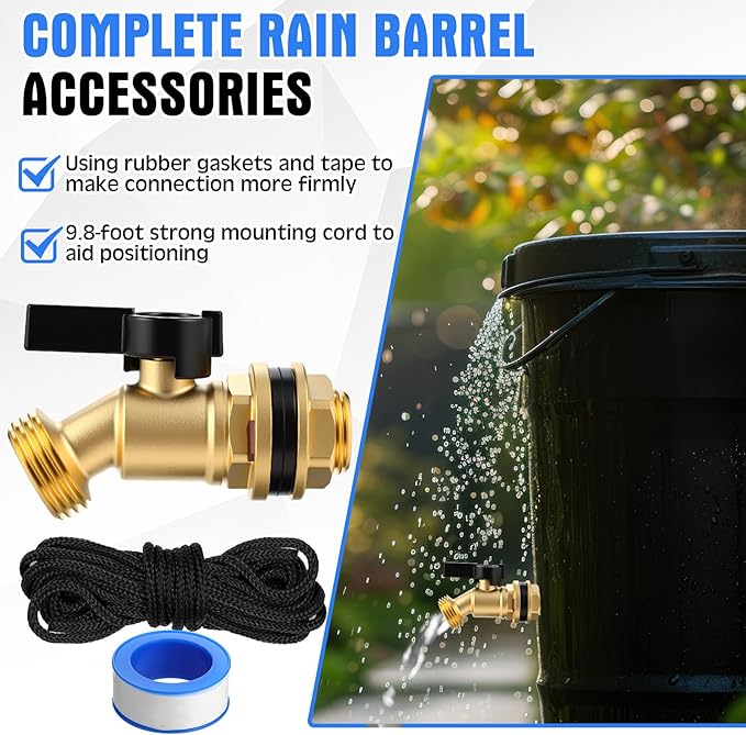 JaGely 3 Sets Brass Rain Barrel Spigot Kit 1/2" Inlet to 3/4" Quarter Turn Ball Valve with Bulkhead Fitting, Brass Bulkhead Faucet Kit with Thread Tape and 9.8ft Traction Rope for Water Tanks, Pools