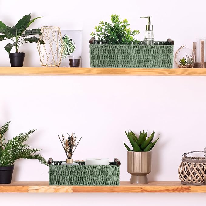 Boao 3 Pcs Boho Storage Wicker Baskets Handmade Woven Decorative Paper Rope Baskets for Organizing with Handle Countertop Toilet Paper Storage Container for Toilet Tank Top