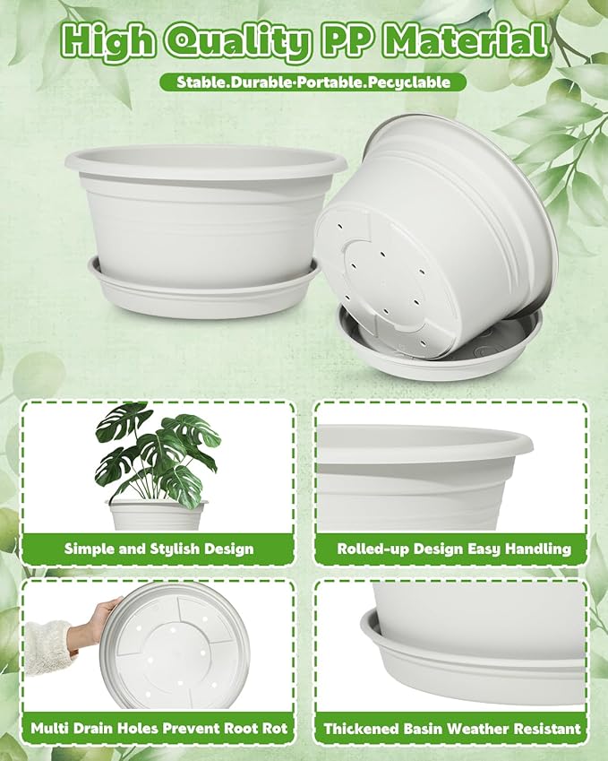 VIDELLY 13 Inch Large Flower Pots 2-Pack, Beige Plastic Planters with Drainage Hole & Tray, Indoor Outdoor Modern Plant Pots for House Plants, Garden, Patio, Office Home Decor