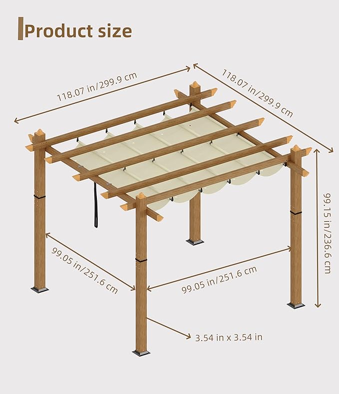 10' X 10' Outdoor Pergola with Retractable Canopy Aluminum Pergola Faux Wood Metal Pergolas Shelter for Backyard, Deck, Patio, Garden Porch Beach Sun Shade Pavilion Grape Trellis Grill, Beige
