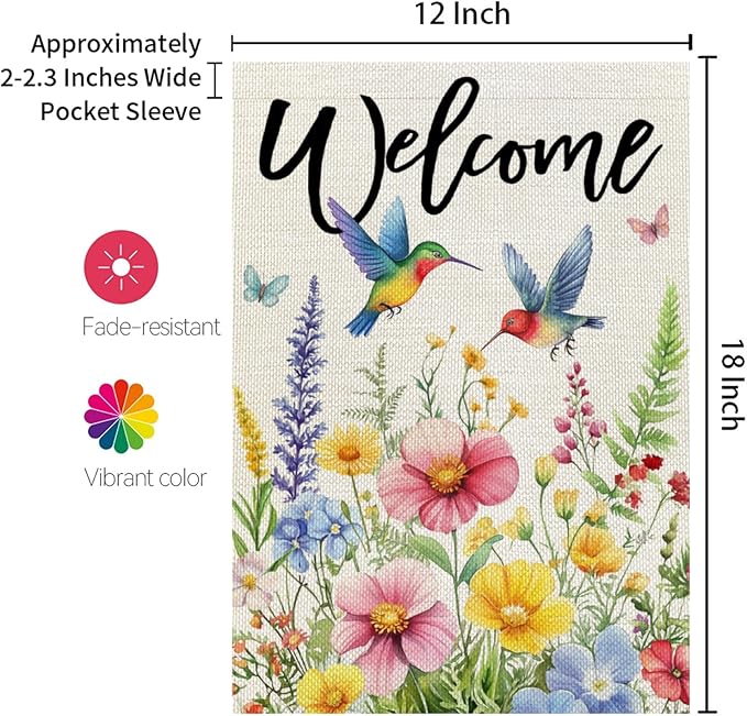 CROWNED BEAUTY Spring Garden Flag Floral Hummingbirds 12x18 Inch Double Sided Small Seasonal Holiday Decoration for Outdoor Lawn Yard