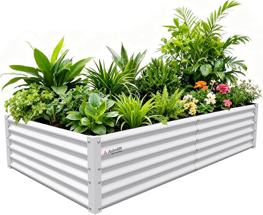 A ANLEOLIFE 6X3X1.5 ft Galvanized Raised Garden Beds Outdoor, Rectangular Metal Planter Box for Planting Vegetables Flowers Herb, Anti-Rust & Easy-Setup, Antique White