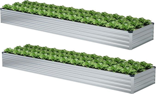 Meberam 2 Pack 12x4x1FT Galvanized Raised Garden Bed Kit, Outdoor Metal Planter Box for Vegetables, Bottomless Rectangular Gardening Bed with Support Rods, Tool-Free Assembly, Silver
