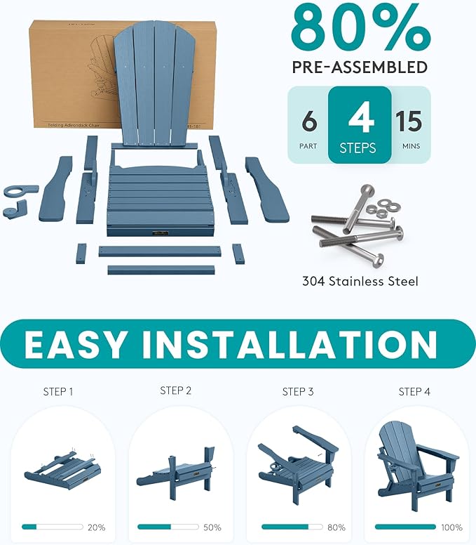 SERWALL Folding Adirondack Chair with Cup Holder Set of 4, Weather Resistant HIPS Patio Chairs, Wooden Textured, Fire Pit Chairs for Garden Outdoors Fire Pit - Blue