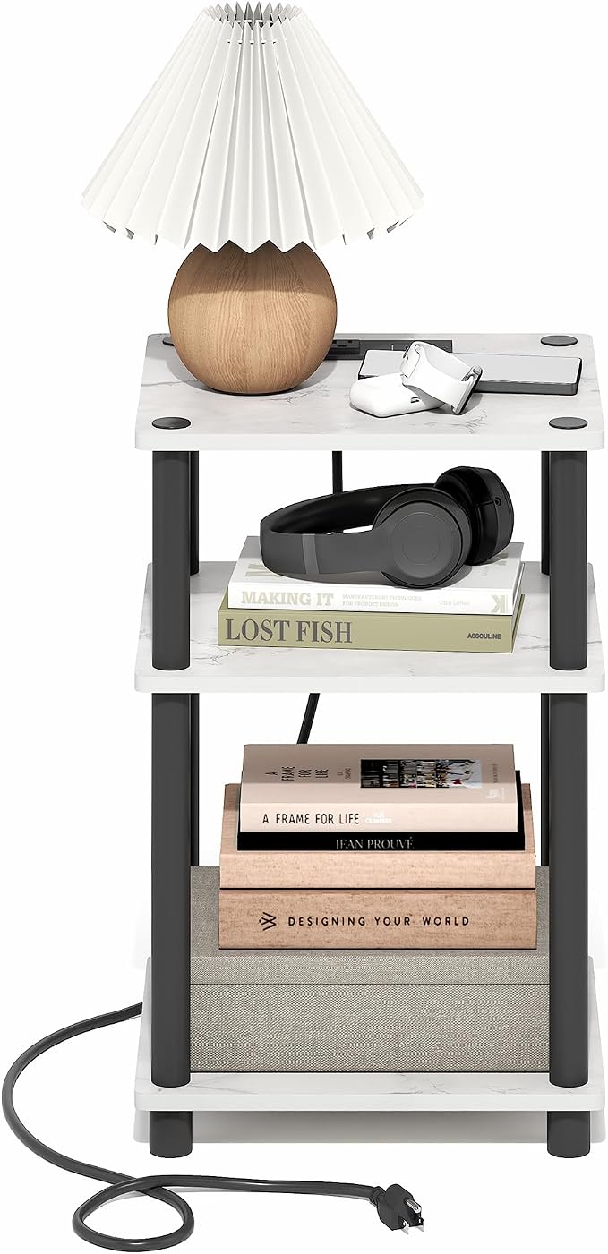 Furinno Just 3-Tier Night Stand with Charging Station, Light Marble