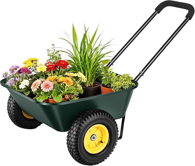 2 Wheel Wheelbarrows, Dual-Wheel Garden Dump Cart with 10" Non-Slip Pneumatic Tires & Ergonomic Padded Handle, Heavy-Duty Utility Yard Cart Wagon with 3 Cu Ft Capacity for Lawn, Gardening,Farm