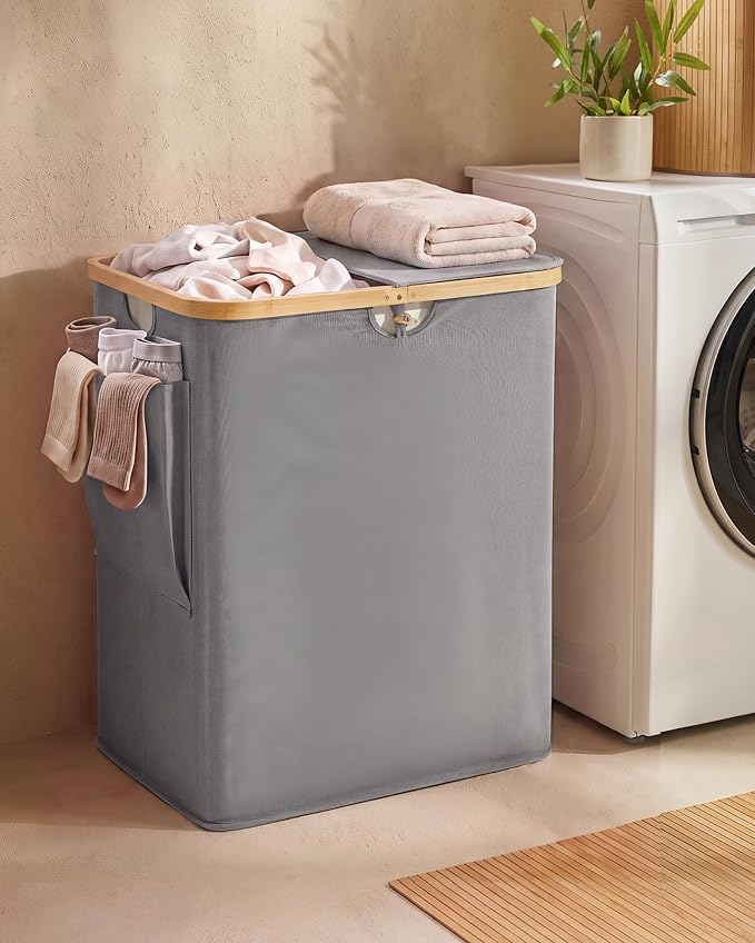 MIZATTO 2 Section Laundry Hamper with Lid, 140L Dirty Clothes Hamper | Double Laundry Basket with Bamboo Handles for Laundry Room, Bathroom, Bedroom, Clothes Hamper Dual Laundry Bin