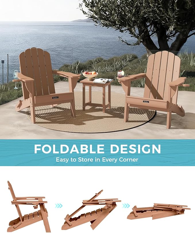Folding Adirondack Chair, HDPE Adirondack Chair with 2 Cup Holders, Outdoor Fire Pit Chairs for Patio, Garden, Poolside, Teak