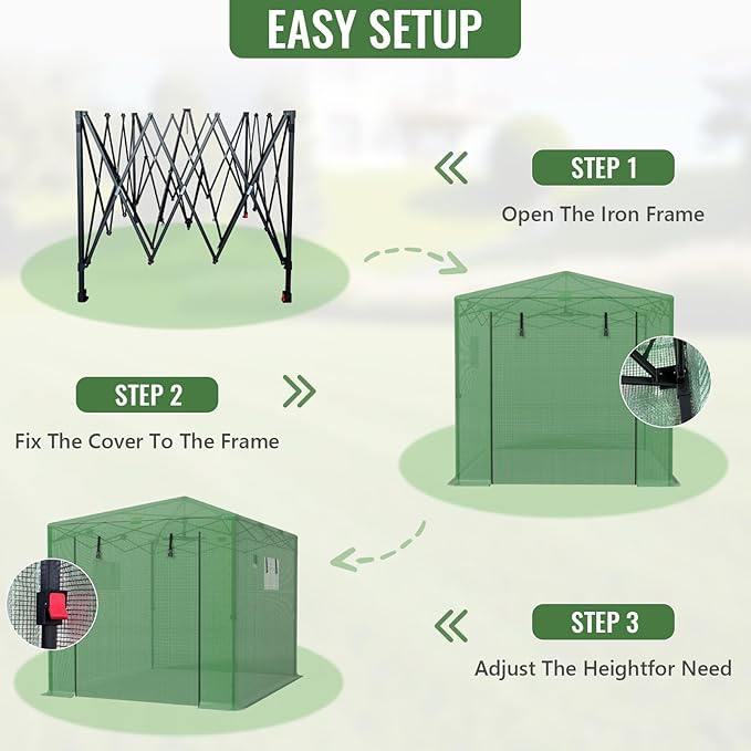 8X12 FT Pop Up Greenhouse,Greenhouse for Outdoors, Portable Walk-in Greenhouses with Roll-Up Zipper Door, PE Cover Greenhouses for Garden and Backyard, Easy Setup