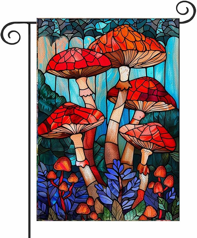 Stained Glass Mushroom Spring Garden Flag 12x18 Inch Double Sided, Small Burlap Yard Flag for Seasonal Farmhouse Outside Outdoor Decor