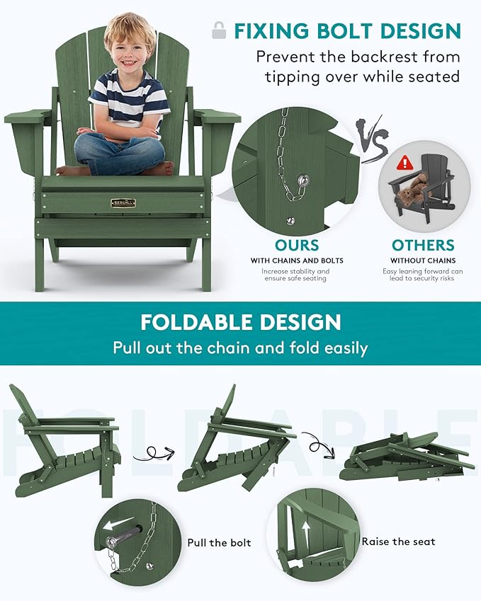 SERWALL Adirondack Chair Set of 6, Weather Resistant HIPS Lawn Chairs with Cup Holder for Patio Garden Outdoors Fire Pit- Army