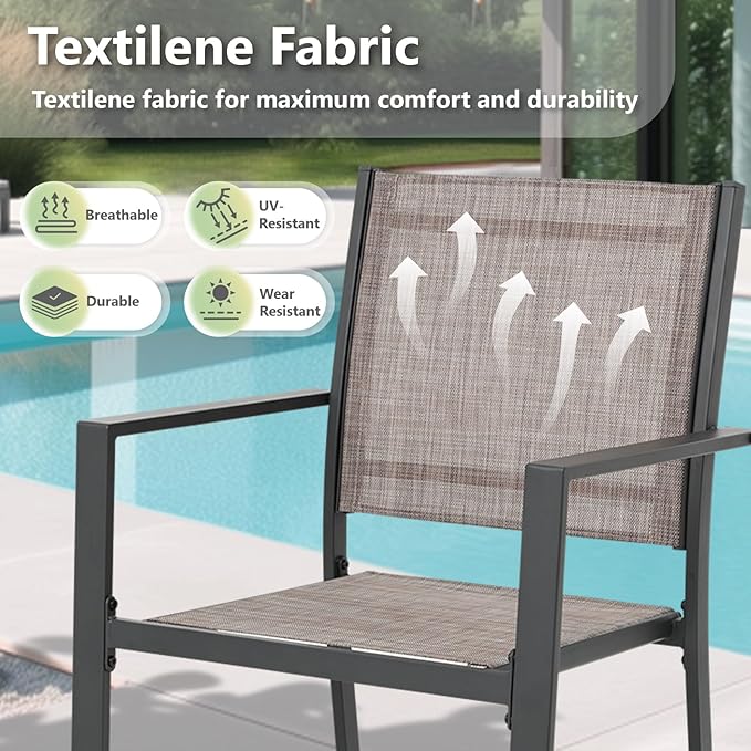 Patio Dining Chairs, All-Weather Textilene Outdoor Dining Chair Set of 4, Heavy-Duty Stackable Minimalist Outdoor Chairs with Armrest, Patio Chairs for Lawn Deck Pool, Brown