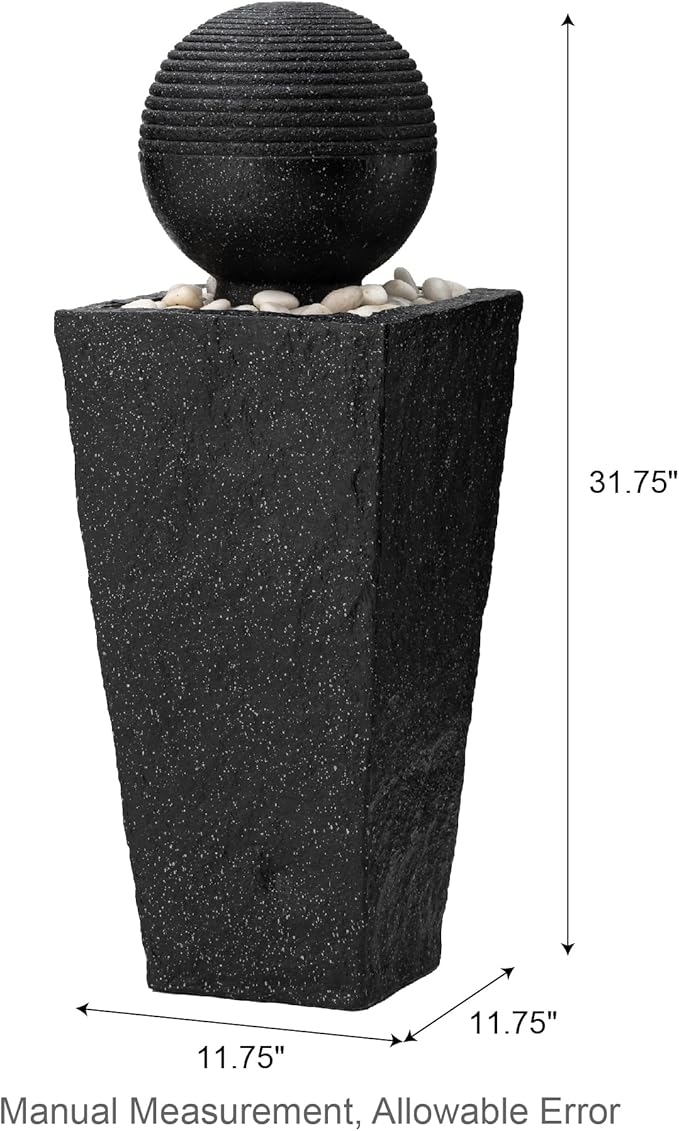 Glitzhome Outdoor Water Fountain, 31.75"H Modern Geometric Pedestal and Sphere Polyresin Waterfall Fountain, Outdoor Fountain with Pebbles, Pump and LED Light for Patio, Backyard, Garden, Deck(Black)