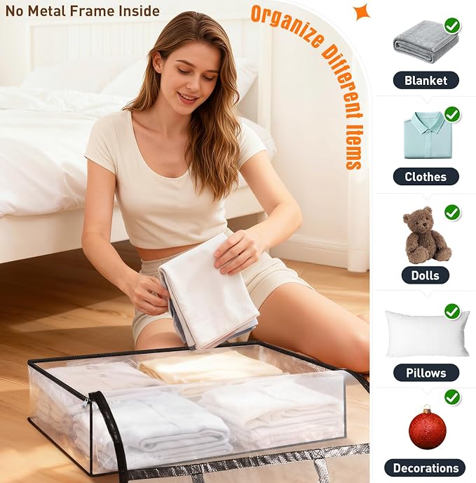 8 Packs 60L Clear Under Bed Storage Containers, Large Clothes Storage Bags