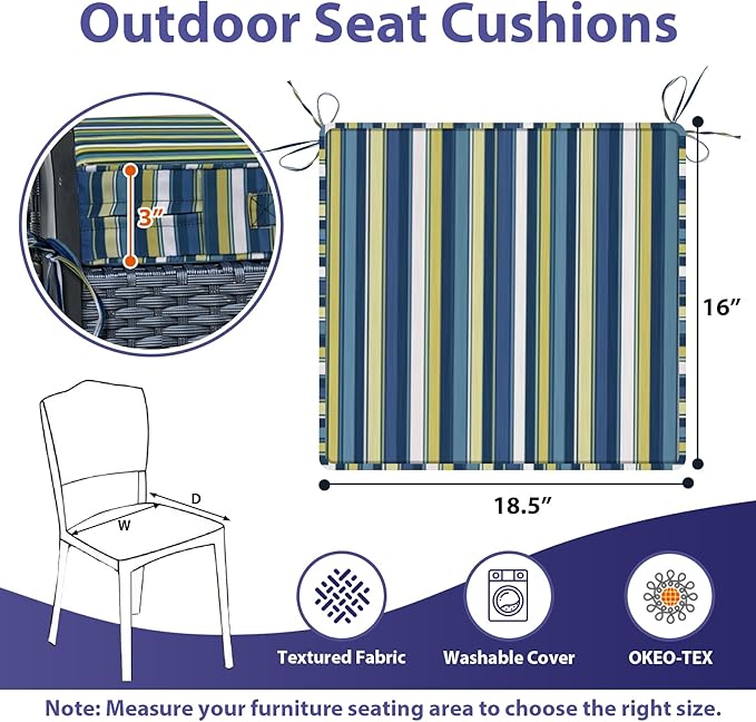 IPYNBAP Outdoor Chair Cushions Set of 4,Waterproof Outdoor Seat Cushions for Patio Furniture,Patio Chair Cushion with Handle and Ties, Out Door Chair Pads,18.5" x 16" x 3", Blue Stripe
