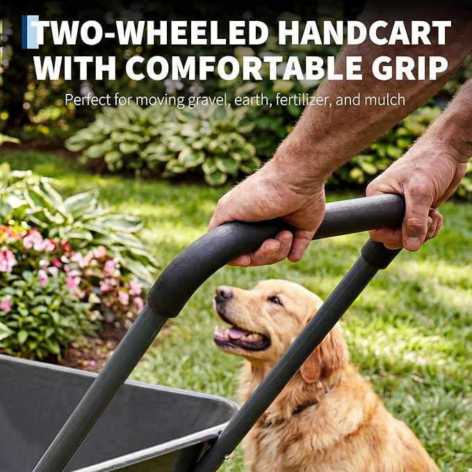Garden Wheelbarrow Cart, Heavy Duty Utility Cart with Dual Wheels and Built-in Stand, Iron and Plastic Yard Cart for Home, Lawn and Garden