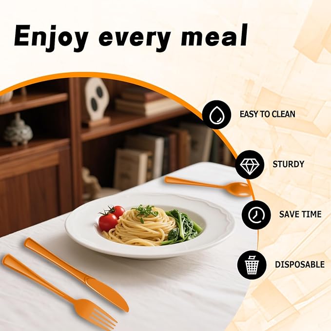Plastic Silverware 300 PCS Disposable Silverware Heavy Duty Utensil Sets 100 Of Each Forks Knives & Spoons Disposable Cutlery Set For Easter,Birthday,Baby Shower,Garden Party,Wedding(300,Orange)