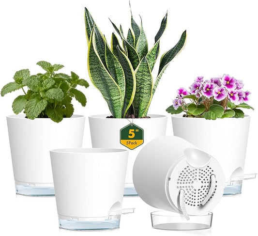 Meowell 5 inch Self Watering Flower Pots for Indoor Plants, 5 Pack Small Plant Pots with Drainage Holes & Clear Reservoir for Visible Water Level, Plastic Wicking Planter Pots for House Plants, White