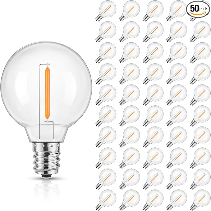 Mlambert G40 LED Replacement Light Bulbs for String Lights, Dimmable E12 Base Shatterproof Bulbs, 1W Equal to 5W, Amber Warm 2200K, 50Pack, Not Solar