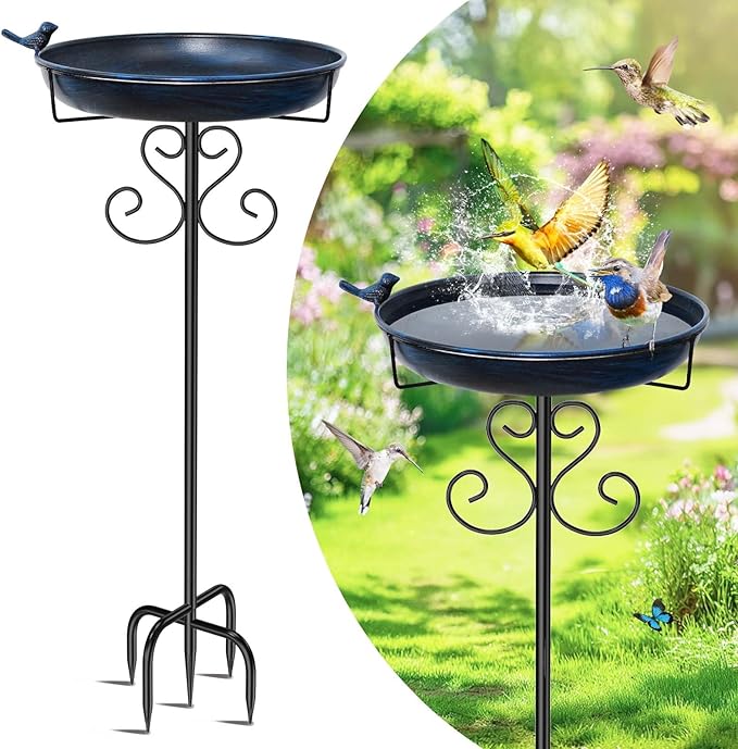 Metal Bird Bath for Outside, 40 Inch Tall Vintage Freestanding Birdbaths Bowl with Bird Statue, Sturdy 5-Pronged Base Birdfeeder for Outdoors Garden Patio Yard Lawn Decor (Vintage Blue)