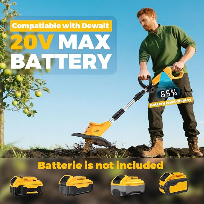 Cordless Electric Garden Tiller Cultivator Compatible with Dewalt 20V Battery(Tool Only), Folding Electric Rototiller Features 40 Steel Tines 310RPM, Yellow