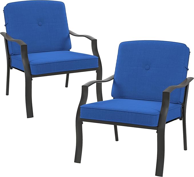 Tangkula 2 Piece Patio Metal Chairs, Outdoor Dining Chairs with Seat & Back Cushions, Heavy-Duty Metal Frame, Ergonomic Patio Sofa Chair for Yard Garden Balcony Poolside (1, Blue)