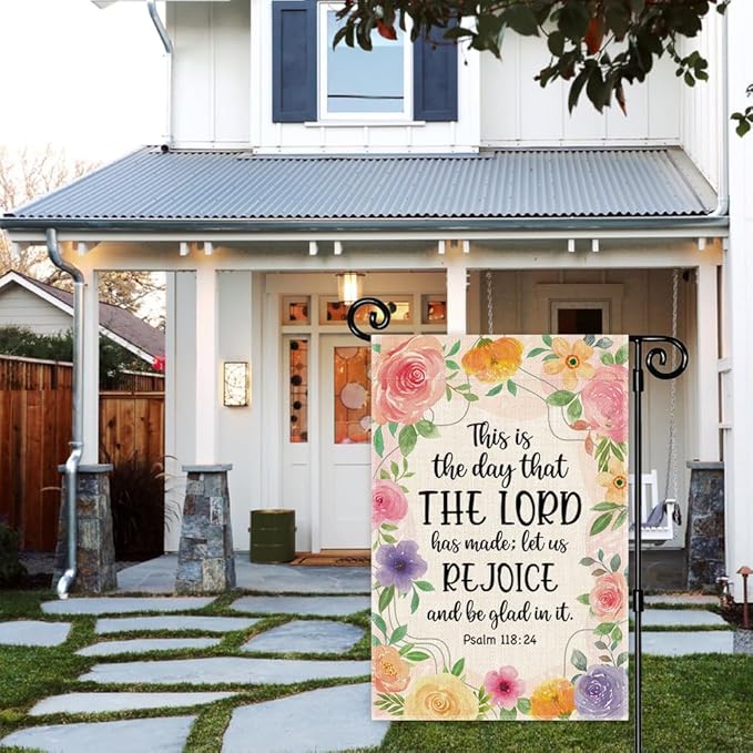 This Is The Day That The Lord Has Made Garden Flag, Funny Spring Christian Garden Flags for Outside, Psalm 118:24 Bible Verse Yard Banner, Religious Catholic Outdoor Lawn Porch Decor for Family