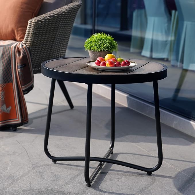 Grand patio Outdoor Side Table, Round End Table with Imitation Wood Tabletop, Dark Grey
