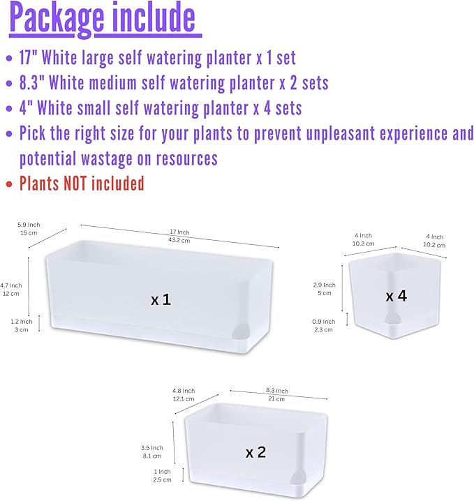 LaLaGreen Planters for Indoor Plants (7 Pack) White Rectangular Self-Watering Window Boxes Planter, Plastic Flower Box Pots Herb Small Long Windowsill Plant with Drainage Patio Garden Home Decor Porch