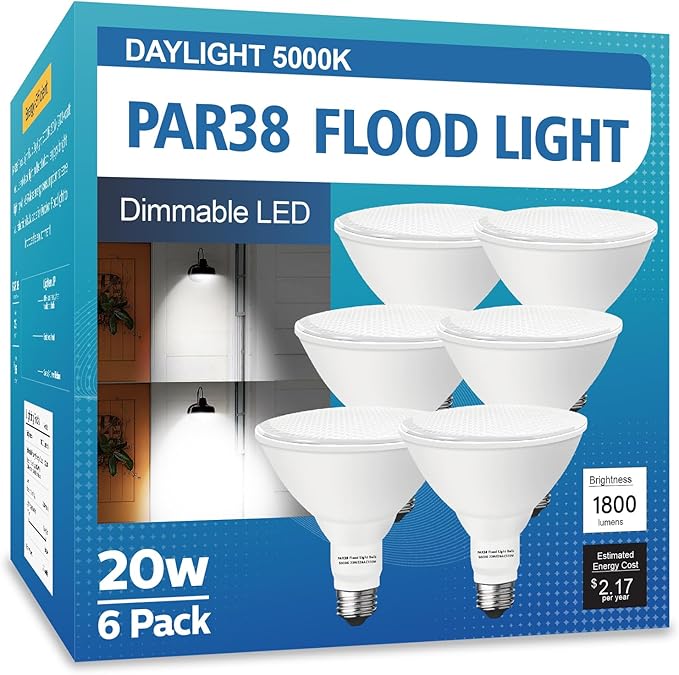 PAR38 LED Outdoor Flood Light Bulbs 6 Pack，Dimmable 20W(200W Equivalent) E26 Base Flood Light Bulbs,5000K Daylight 1800 Lumens LED Flood Light for Outdoor Garden,Garage,Yards