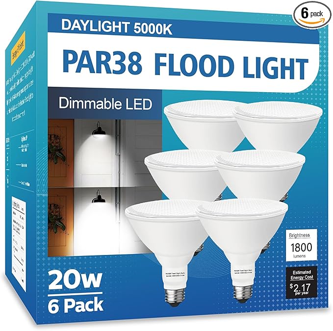 PAR38 LED Outdoor Flood Light Bulbs 6 Pack，Dimmable 20W(200W Equivalent) E26 Base Flood Light Bulbs,5000K Daylight 1800 Lumens LED Flood Light for Outdoor Garden,Garage,Yards