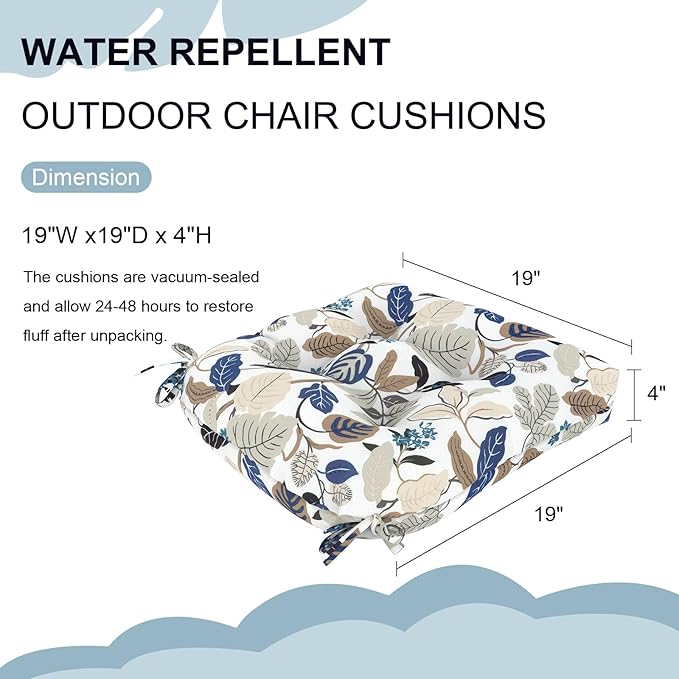 DYTXIII Set of 2 Outdoor Chair Cushions 19"x19"x4", Water Repellent Tufted Patio Seat Cushions with Ties, Thick Replacement Pads for Wicker Dining Chairs, Patio Furniture, Breeze Leaves Beige