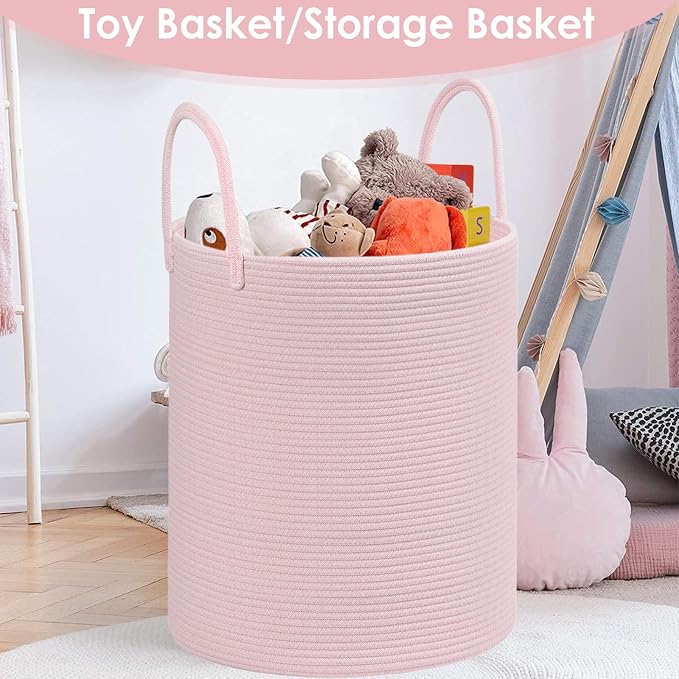 Large Woven Laundry Basket Hamper,100L Cotton Rope Storage Bin for Blankets,Toys and Clothes,Decorative Tall Nursery Hamper for Living Room,Baby Nursery,Bathroom and Bedroom,(Pink, XX Large)