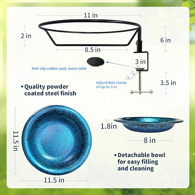 TIANCENTRAL H Deck Mounted Bird Bath for Outside, Detachable Birdbath Bowl with Sturdy Clamp,Easy Setup Outdoor Bird Feeder for Garden Patio Lawn Yard Decoration-11.5 Inch Blueblack