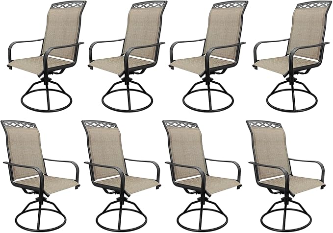 SHGJ&SOFT Patio Swivel Chairs, Waterproof Outdoor Dining Chairs with All-Weather Textilene Mesh for Deck, Garden, and Backyard (Patterned backrest-Brown, Set of 8)